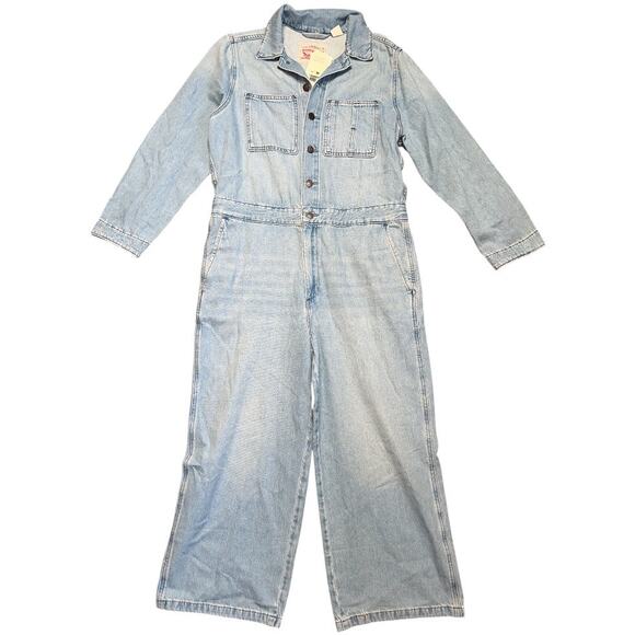 Levi's Light Wash Blue Iconic Denim Long Sleeve Wide Ankle Leg Jumpsuit Sz L NWT - Picture 3 of 9